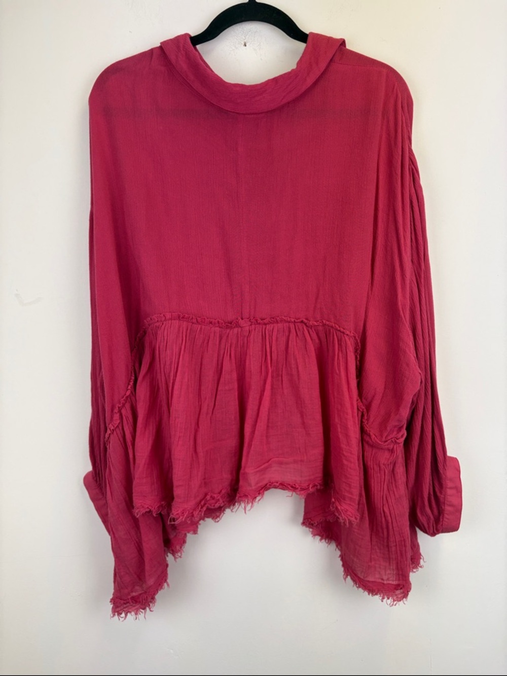Free People Pink Gauze Button Front Peplum Top XL Boho Flowy Raw Hem Blouse - Picture 9 of 11